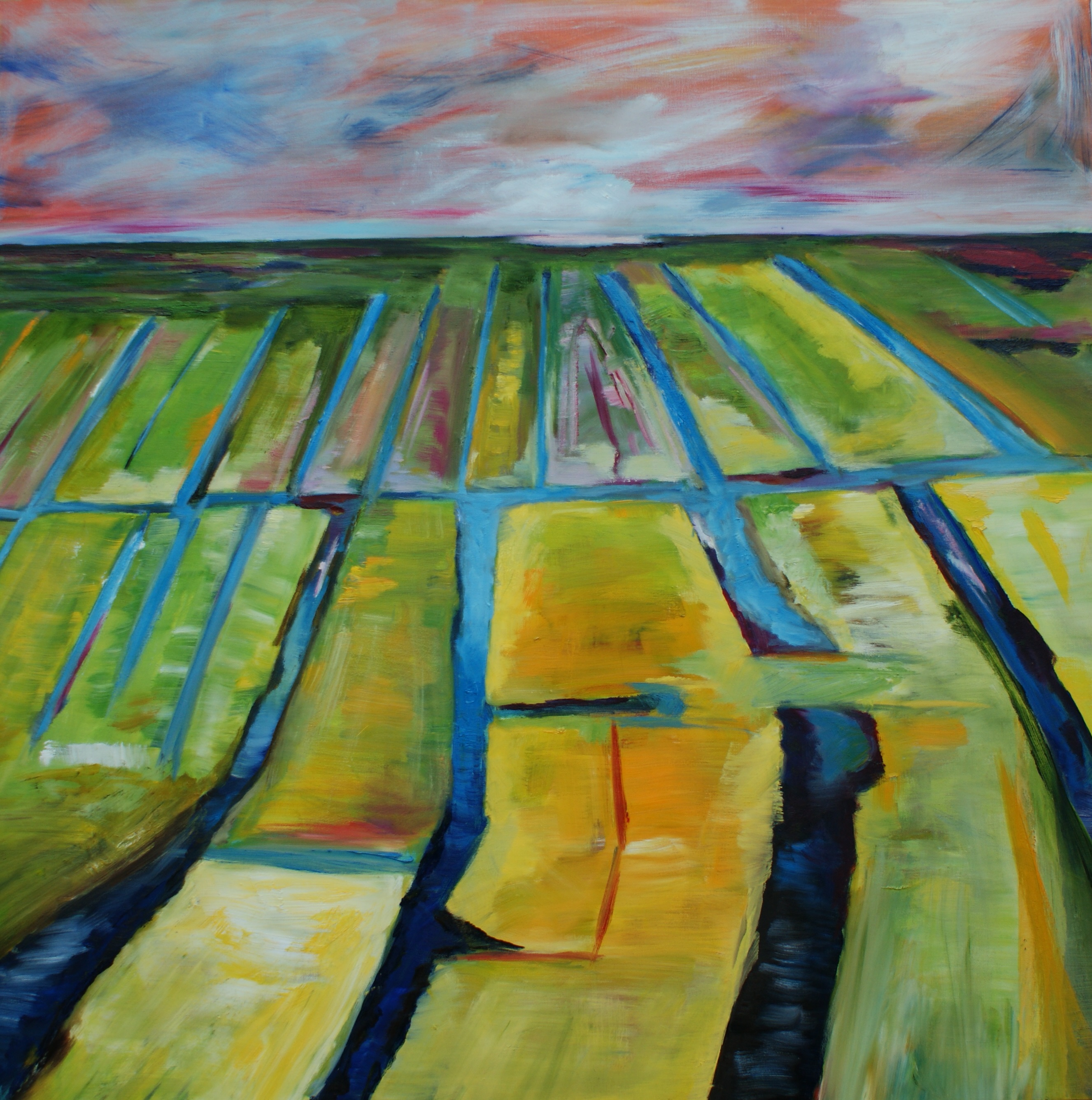 Polderlandschap Afmeting: 100 x 100 cm Prijs: €.400,00